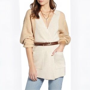 Something Navy Colorblock Wool Blend Open Front Cardigan | Beige/Camel | Medium